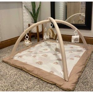 Washable Tummy Time Mat, Baby Play Gym with 6 Featured Toys and 12 Milestone Car